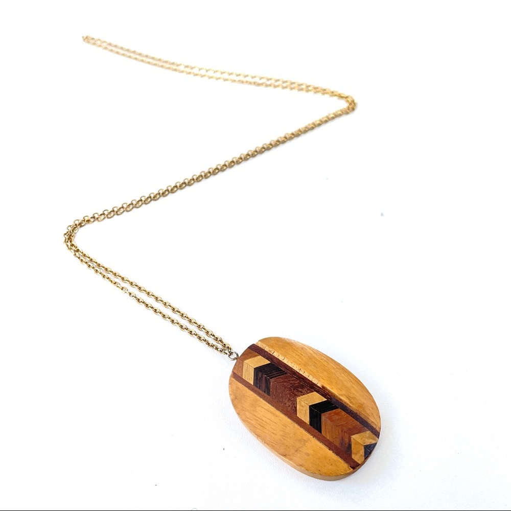 Vintage Handmade Wood Inlay Pendant Necklace